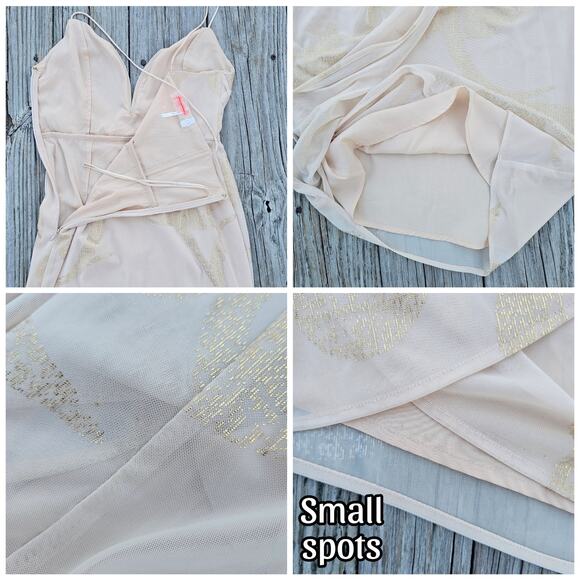Draped Wrap Dress Free People Size 4 Cream Mesh Gold Foil Sweetheart Sleeveless - Picture 6 of 9